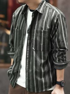 Fall Pure Cotton Overalls Long Sleeve Shirt Mens Japanese Style Vintage Stripe Shirt Youth Loose Korean Top Outwear Tide