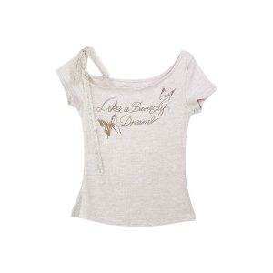 YUEZHONGWEI | Áo thun tay ngắn hở vai cổ chữ V ôm vừa vặn phong cách retro hoa bướm mùa hè cho nữ thiết kế gợi cảm