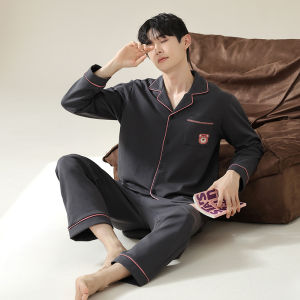 MiiOW | Mens Pure Cotton Breathable Long Sleeve Long Pants Sleepwear Cartoon Pattern Loose Large Size Outdoor Wearable Home Clothes