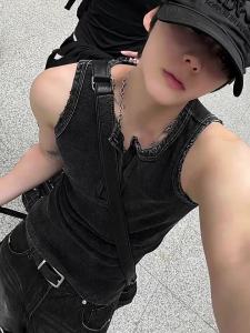 Ssumenam | Henry Collar Black Mens Tank Top Summer Rugged Design Slim Fit