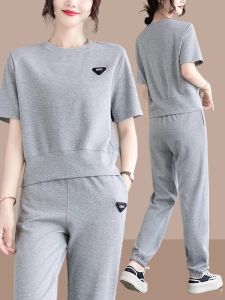 Pure Cotton Sportswear Set Women Summer Loose Casual Short Sleeve Running Fashionable Two Piece Set Large Size Comfortable