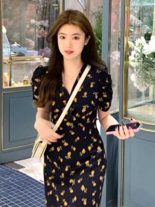 Korean Style Floral Print Summer New Womens Dress Bubble Sleeve V-Neck Waist Cinched Slimming Tea Break Skirt Long A-Line Gown