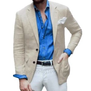 Casual Beige Linen Men Blazer Slim Fit Classic Summer Beach Prom Wedding Suit Jacket for Men Formal Business Thin Coat 1 Piece