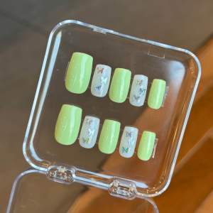 เล็บเจลน่ารักๆ เล็บปลอมสีเขียวพาสเทลสดใสแต่งกลิตเตอร์ผีเสื้อวิ้งค์ๆ