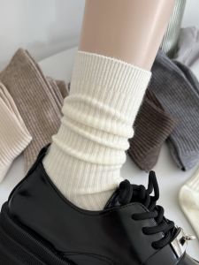 หนาขึ้น ถุงเท้าผู้หญิงแคชเมียร์ ฤดูใบไม้ร่วง ฤดูหนาว ถุงเท้าถึงกลางน่อง ลาย เรียบง่าย กาแฟ สีน้ำตาลอ่อน บล็อกสี Heated Tech Home Comfort ถุงเท้า