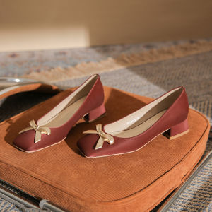 Spring 2024 Elegant Butterfly Knot High Heels Comfortable Chunky Heel Versatile Casual Shoes for Women Square Head Rubber Sole