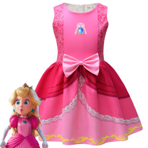 Sweet Baby Girls Pink Dress: Princess Peach Bowknot Cosplay Costume for Children Mario Bros Fancy Dress