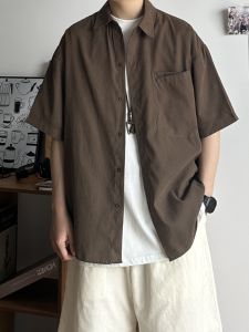 Summer Japanese Retro Men's Trendy Pure Color Patchwork Pocket Shirts & Women's Short-Sleeved Basic Commute Leisure Shirts