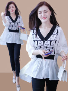 Shalldoer | Slenderizing and Belly Covering V-Neck Two-Piece Illusion Blouse