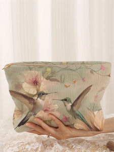 กระเป๋าแต่งหน้าผ้าลูกฟูก 1 ใบ ลายดอกไม้และนก กล่องเก็บเครื่องสําอางซิปบางเบา กระเป๋ามัลติฟังก์ชั่นพร้อมซับใน