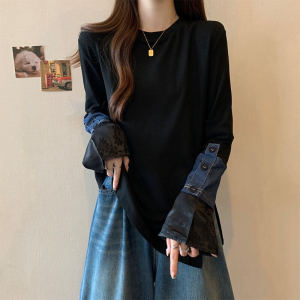 New Chinese Style Large Size Womens Long Sleeve T-Shirt Denim Patchwork Mid-Length Button Split Design Spring Autumn Cotton Polyester