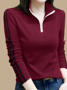 Pure ผ้าฝ้าย แขนยาว ซิป ปกตั้ง เสื้อยืด ผู้หญิง สลิมฟิต หลากหลาย เสื้อเบส ฤดูใบไม้ผลิ ฤดูใบไม้ร่วง สไตล์ใหม่ ทันสมัย งานเย็บปะติดปะต่อกัน