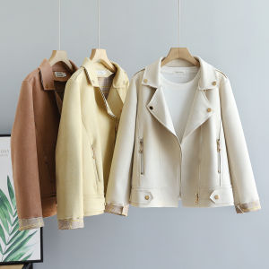 Womens Short Double Zipper Suede Jacket Slim Fit Korean Style Autumn New Fashion Casual Wear Office Commute Windproof