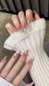 Parkson | 10Pcs Handmade Press on Nails with White Flowers Glossy Pink Short Round False Nails Nude Pink Fake Nail Patches Women Wearable