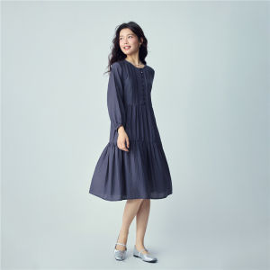 Giordano | Loose Stripe Pleated Round Collar Half Opening Dress