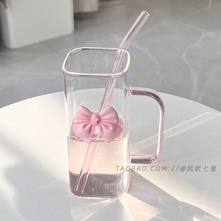 Transparent Simple Square Water Cup Female Ins Wind Belt Handle Glass Straw Cup High Temperature Resistant Coffee Milk Cup