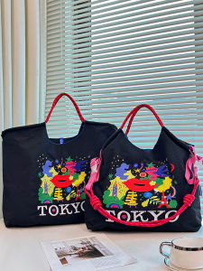 กระเป๋าผ้าแคนวาสทรงถุงซิปแบบสะพายข้างสำหรับผู้หญิง ความจุขนาดใหญ่ กระเป๋าสะพายไหล่แบบลำลอง สไตล์ญี่ปุ่น กระเป๋าถือแบบสะพายข้าง