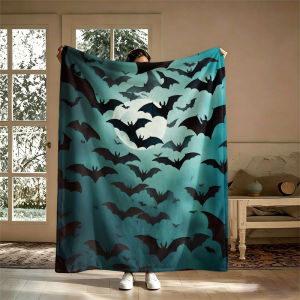 BILIBILI | Bats Flying Full Moon Teal Flannel Blanket Perfect for Sofa Office Bed Travel Sleep Read Relax Camping Four Season Use