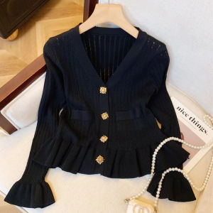 YuooMuoo Women Cardigans 2025 Autumn Luxury Buttons V-neck Slim Waist Ruffled Knitted Tops Chic Fashion Lady Sweaters Shirts