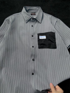 Summer Grey Blue Striped Short Sleeve Mens Shirt Color Block Patchwork Casual Fashion Lightweight Fresh Style Youth Popularity