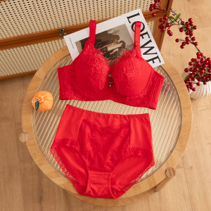 Wedding Year Red Large Size Thin Lace Bra Set Gather Adjustable Women Underwear Cotton Lined mid Waist Fixed Strap Bra