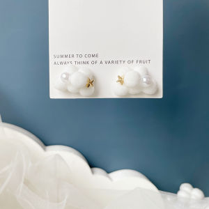 Adorable Asymmetric White Cloud Ear Cuff Blue Bow Knot Plush Ball Earrings Girls Heart Korean Style Alloy Fashion Jewelry