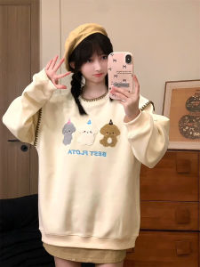 Cute Embroidered Letter Loose Sweatshirt Womens Unique Chiffon Splice Shoulder Long Sleeve Sweet Style Outerwear