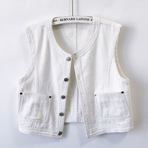 Versatile Retro White round Neck Denim Vest Womens Thin Sleeveless Casual Outerwear Spring Autumn Shoulder Pad
