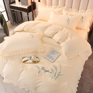 Korean Style Thickened Quilt Sheet Four-Piece Set Pure Cotton All Cotton Bed Skirt Cover Princess Style Minimalist Pure Color Lace Xiaohongshu Quilt Cover