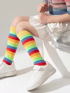 4Pairs Children Rainbow Color Striped Socks Girls Boys Knee High Socks Soft Breathable Elastic Sport Long Socks for Kids 3-12Y