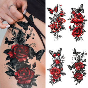 4pcs Waterproof Temporary Tattoo Sticker Dark Style Butterfly Red Rose Flowers Leaves Body Art Arm Fake Tattoos Sleeve Women Men