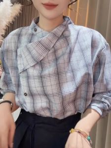 WANGGONGZHU | French Style Plaid Long Sleeve Shirt Women Autumn New Loose Slimming Vintage Fashion Top Asymmetrical Stand Collar Button Up