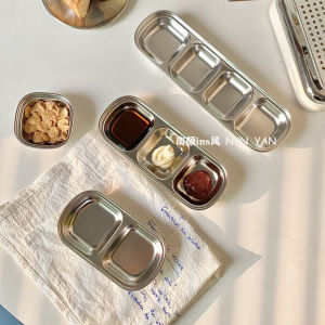 Korean Style Stainless Steel Ins Wind Simple Grid Barbecue Sauce Dish Hot Pot Seasoning Plate Industrial Style Cutlery