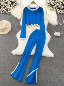 Fashionable High Waist Wide Leg Pants Set Womens Korean Style round Neck Knitted Top And Bottoms Two Piece Ensemble