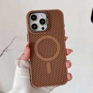 New For Magsafe Wireless Charging Mesh Grid Cooling Phone Case For iPhone 16 15 14 Plus 13 12 Pro Max Alloy Lens Bracket Cover