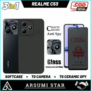 Paket 3in1 Case REALME C53 Camera Softcase Slim Black Matte Case Liquit Bonus Anti Gores Ceramic Matte Anti Spy + Garskin Carbon