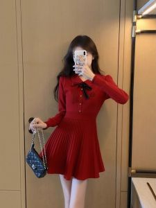 Christmas Red Knitted Dress with Bowtie Womens Autumn Winter New Years Inner Wear Slimming Sweater Dress Luxury Style Long Sleeve