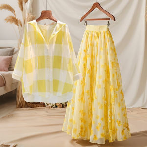 YINGKETUO | Sun Protection Hooded Shirt Slim Fit Two Piece Set Yellow