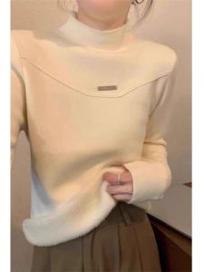 เสื้อชั้นในบุขนแกะหนาสำหรับผู้หญิง เสื้อสเวตเตอร์ถักแบบสวมหัวทรงปกติ แขนยาว คอปกสูงครึ่งใบ สีพื้น ฤดูหนาว 2024