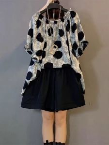 plus Size Womens Loose Fit Short Sleeve T-Shirt Shirt Conceal Flattering Design Korean Style Polyester Fiber Printed Blouse