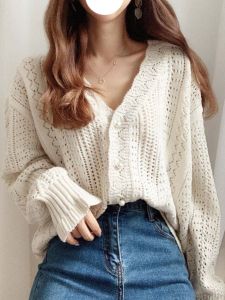 ผู้หญิง โอเวอร์ไซส์ สีขาว เปิด คาร์ดิเกน กระดุมมุก นุ่ม สไตล์ถัก เสื้อท่อนบน คอวี แขนยาวสีทึบแฟชั่นการเดินทาง