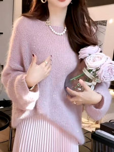 Korean Style Shiny Pink Knitted Sweater Womens Loose Fashion Autumn Winter New Lazy Style Top Trendy Long Sleeve Casual Wear