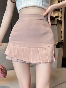 GUZILIAN | Váy ngắn xếp ly cạp cao phong cách Hàn Quốc mùa xuân hè cho nữ Váy mini chống ánh sáng Váy chữ A thời trang ngắn