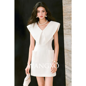 WANGXO | Đầm Voan Lụa Chất Lượng Cao Vòng Cổ V Đôi Không Tay Ôm Eo