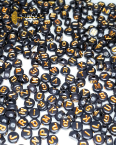 CATRANIS PER 10 PCS Manik MOTE Huruf BULAT HITAM Tulisan WARNA GOLD PILIH HURUF A SAMPAI Z