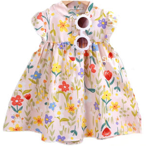 Girls Summer Dress Thin Beach Outfit Short Sleeve A-Line Skirt Korean Style Cotton Polyester Blend Moisture Wicking Machine Washable