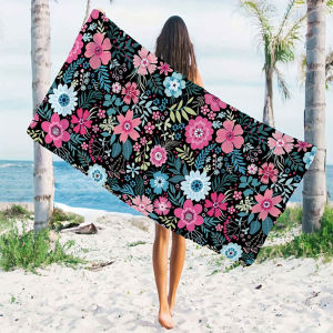 black pink blue floral Quick Drying Microfiber Beach Towel Lightweight for Swimming Camping Yoga - Bath Towel