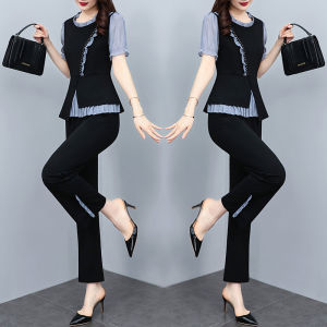 Impression Fashion Women Elegant Ruffle Round Neck Short Sleeve Pleated Blouse with Long Bell-bottom Pants 2 Pcs Set