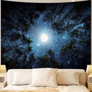 VIKAMA Starry Sky Tapestry Machine Washable Moon Trees Night Sky Printed Tapestry Bedroom Background Wall Decoration