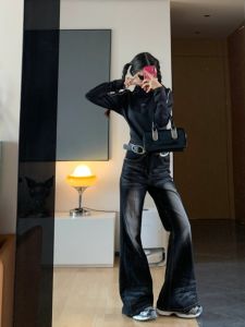 Quần Jeans Denim Ống Loe Cạp Cao Phong Cách Mỹ Màu Xanh Nhạt Cho Nữ Quần Dài Đến Sàn Cao Cấp Thời Trang